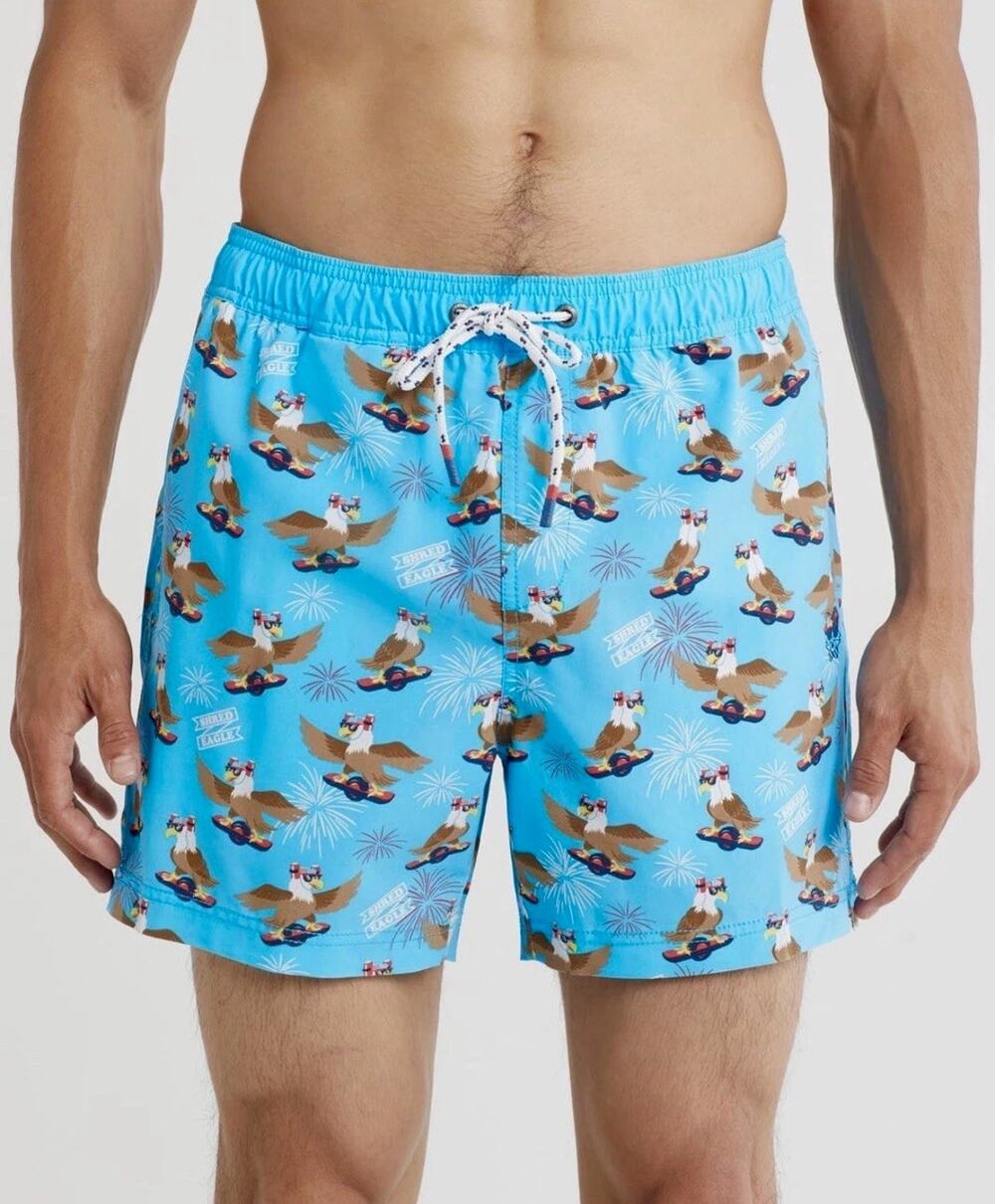 NWT Party Pants Men Size M Shred Eagle Swim Trunks USA American Theme Blue 5”